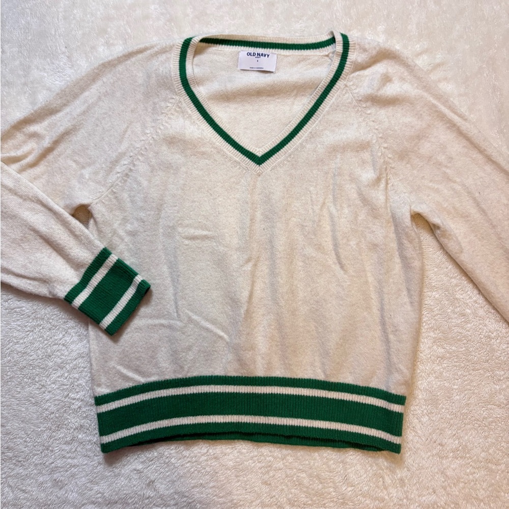 Old Navy V-Neck Sweater in Cream with Green Varsity Accents
